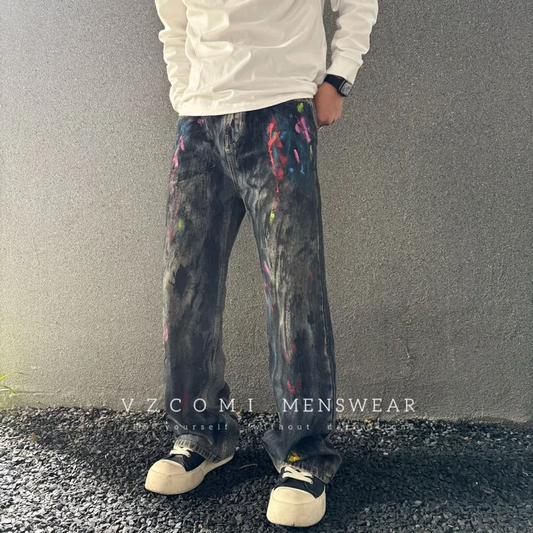 巴黎风美式手绘涂鸦泼墨脏脏牛仔裤宽松直筒休闲舒适百搭牛仔