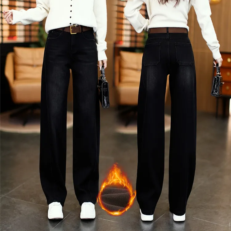 2025年冬季加绒加厚百搭宽松高腰显瘦时尚大码休闲牛仔弯刀裤女