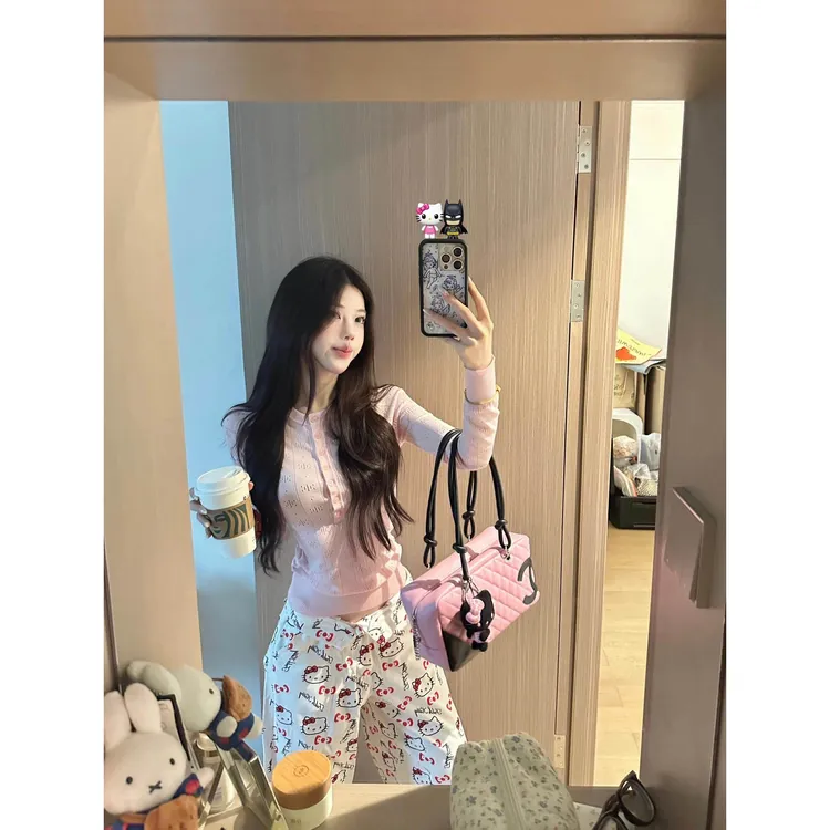 春季辣妹复古镂空针织衫打底亨利衫女长袖修身设计感T恤粉色上衣