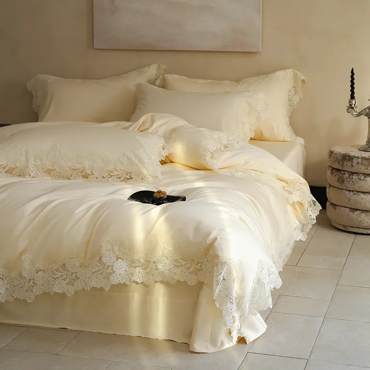富安娜2025新款法式田园轻奢蕾丝荷叶边被套贡缎全棉四件套