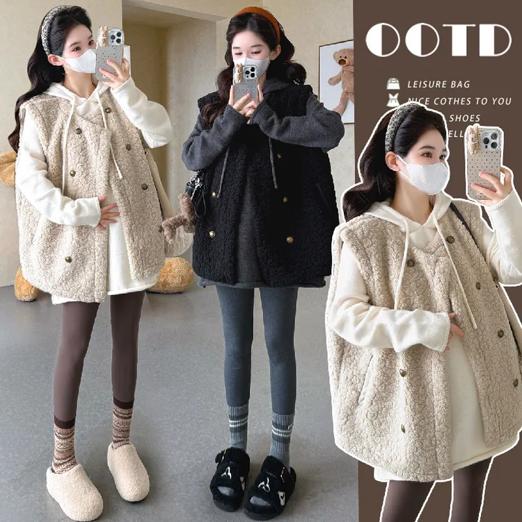 孕妇秋冬季加厚羊圈毛马甲宽松慵懒针织连帽上衣两件套套装时尚款