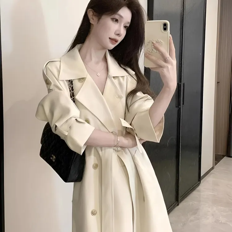 米白色高级感韩系风衣外套女2025新款春秋季收腰显瘦小个子中长款