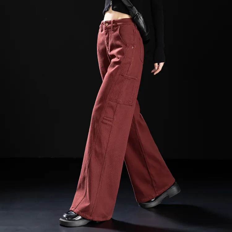复古砖红色加绒牛仔裤女2025秋冬季加厚裤子窄版直筒裤美式阔腿裤