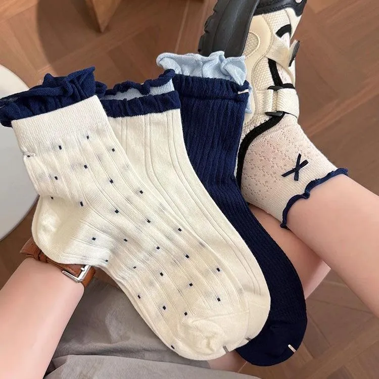 蝴蝶结袜子女夏薄款中筒网眼透气夏天薄花边木耳边日系配凉鞋白J