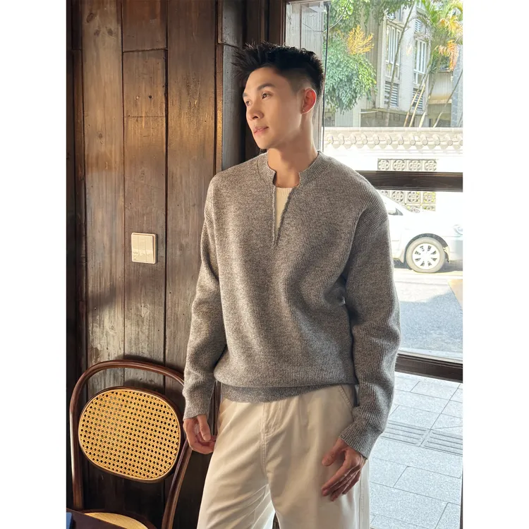 「松弛慵懒风」秋季老钱花纱肌理感织法亨利领上衣休闲假两件针织衫