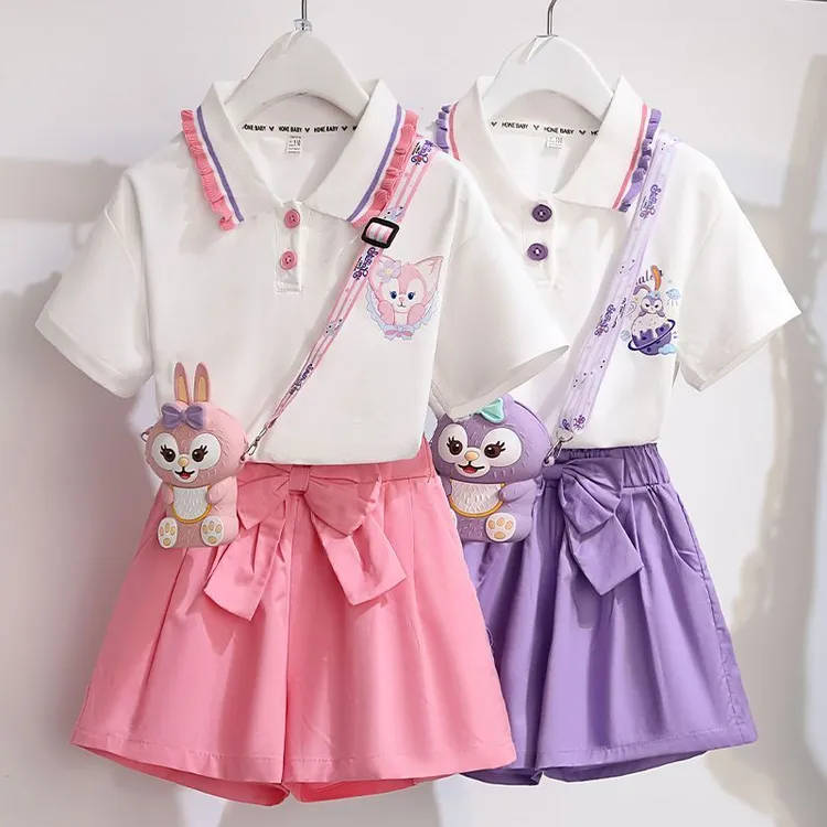 女童套装夏装2025新款中大童高腰短裤洋气宽松POLO领短袖两件套潮