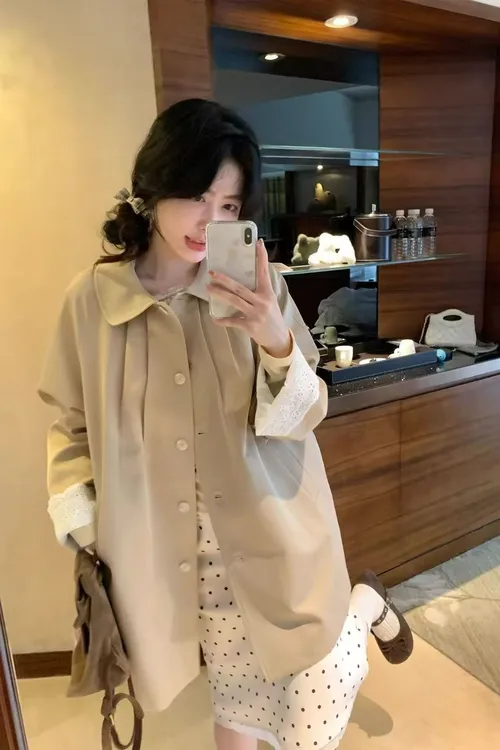 长岛恋人~袖口花边拼接中长款风衣外套女秋韩系翻领大衣