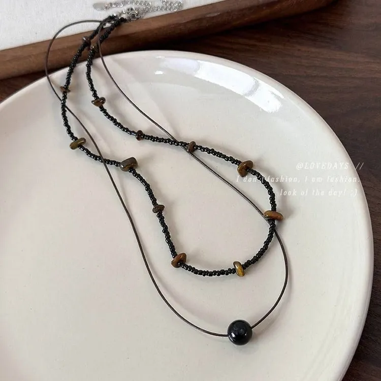 钛钢树脂项链 新中式黑色串珠项链复古不规则珠子叠戴锁骨链C136