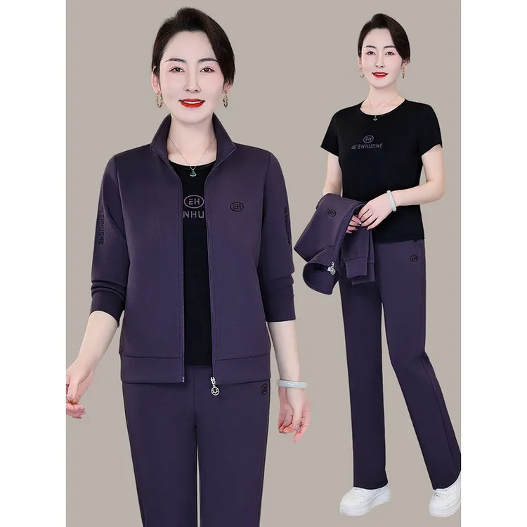 恩狐2025新款时尚中老年妈妈运动服套装女士春秋季休闲减龄三件套