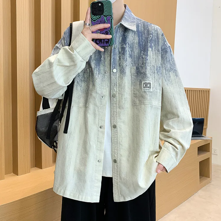 潮牌青少年春秋新款渐变色翻领衬衫外套宽松港风痞帅男生百搭外套