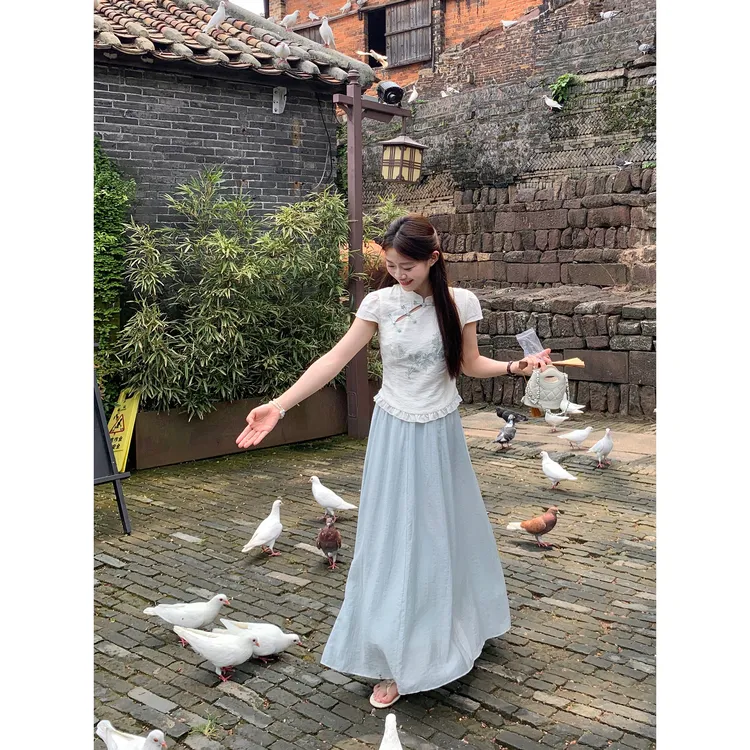  切糕自制【青花雅韵】小个子夏季女知性风气质刺绣通勤新中式套装