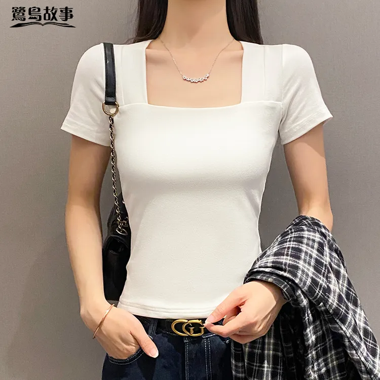 鹭岛故事方领肩带设计短袖t恤女春夏修身打底衫内搭显瘦性感上衣