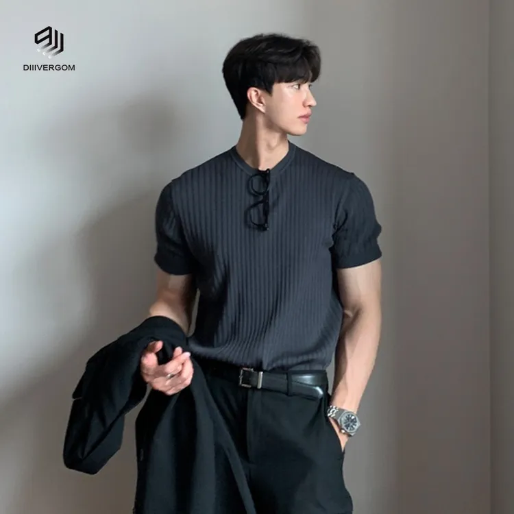 DIIIVERGOM夏季短袖韩版修身冰丝针织衫弹力恤男圆领休闲薄款纯色