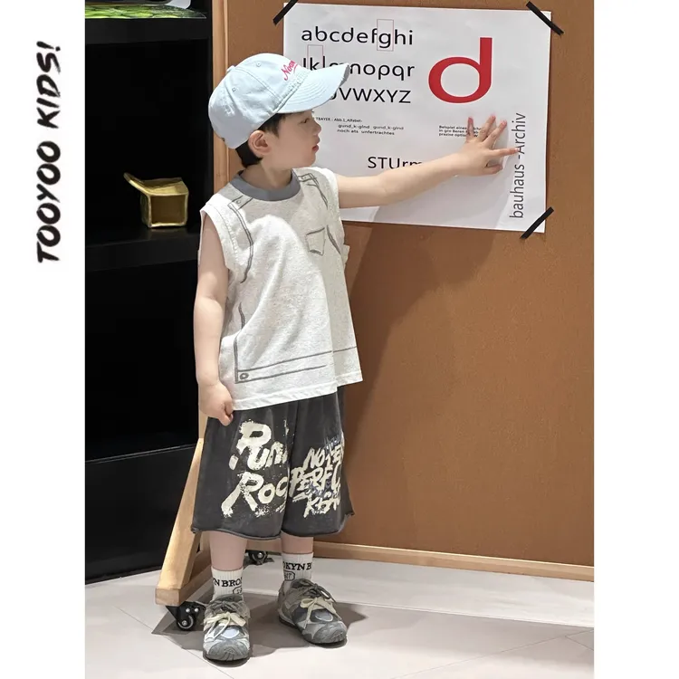 男童背心套装夏装2025新款洋气涂鸦男女宝宝无袖两件套时尚潮