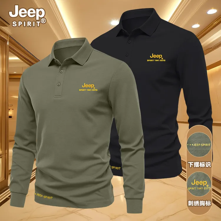 JEEP SPIRIT刺绣翻领长袖T恤男款春秋季运动带领商务POLO衫打底衫