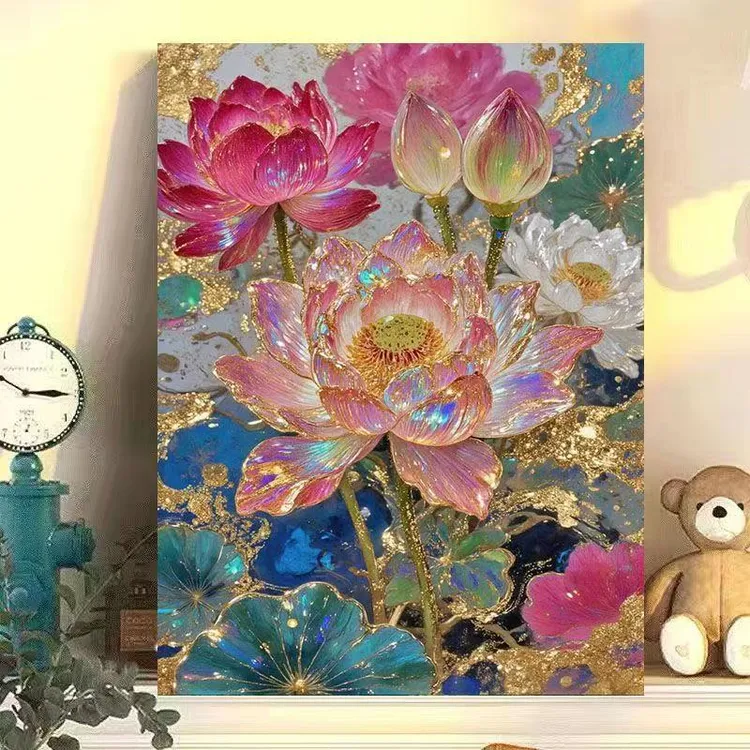 diy数字油画中国风鎏金荷花系列手工填充填色油画解压装饰挂画