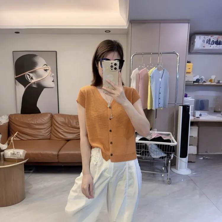 纯色飞飞袖百搭无袖夏季毛衣V领宽松毛针织衫开衫女装薄款