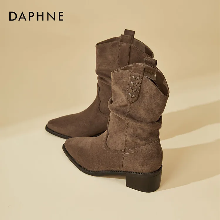 达芙妮琥珀流光高跟短靴女2025冬季加绒显瘦V口中筒靴复古堆堆靴