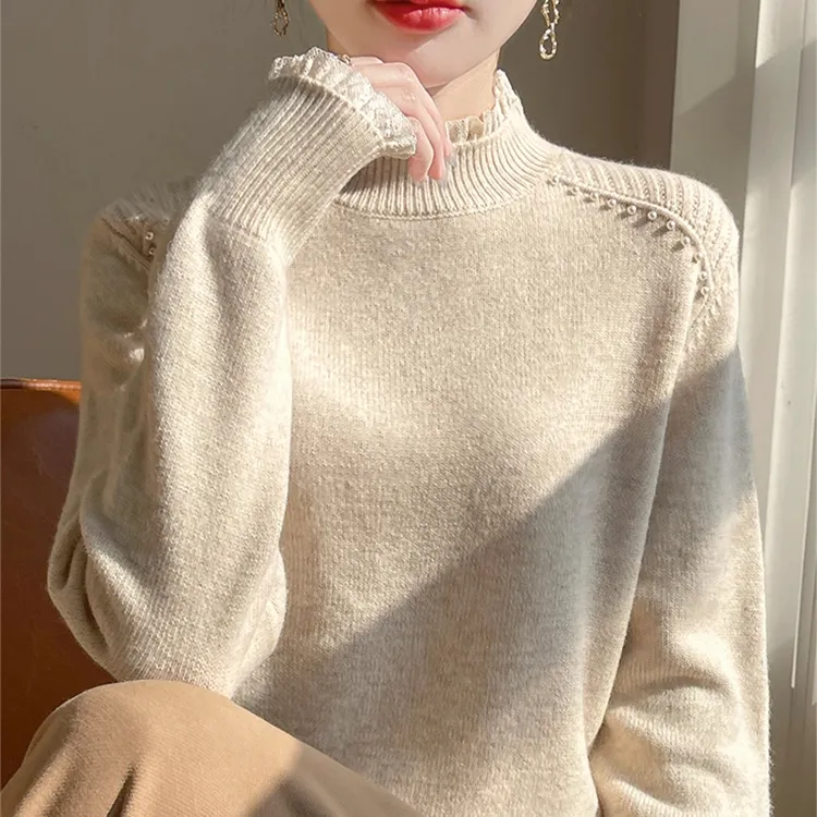 重工钉珠100%羊毛衫女蕾丝花边半高领针织毛衣宽松加厚羊绒衫打底