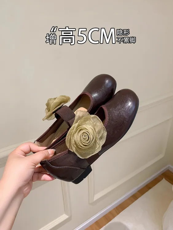 法式复古绸缎花朵增高芭蕾单鞋女2025新款方头浅口百搭玛丽珍鞋