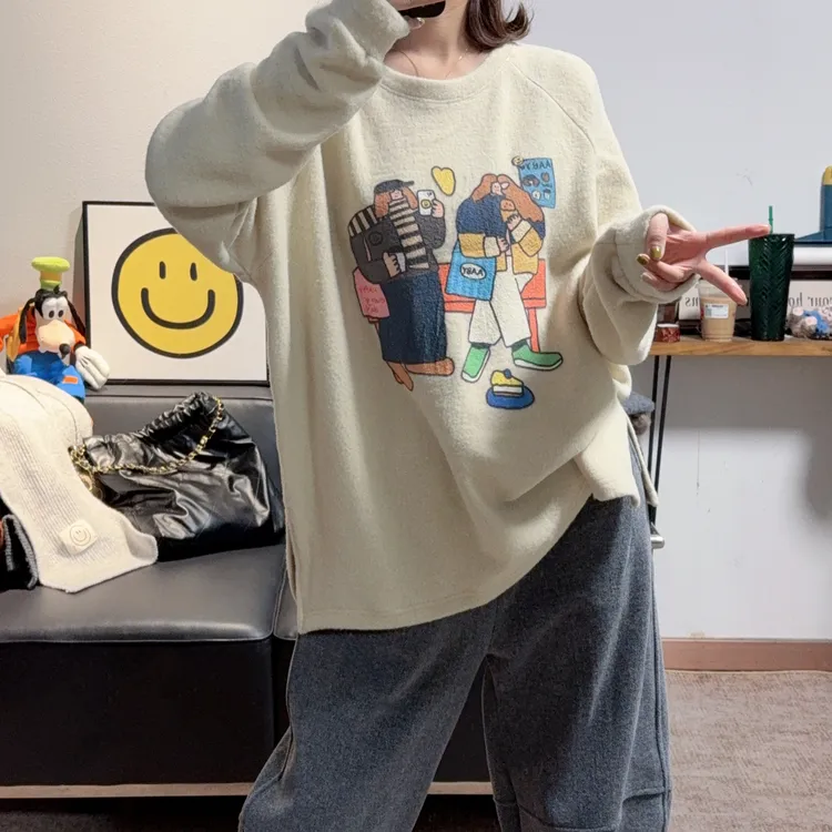 2025冬季新款超软糯双面绒卡通小女孩圆领T恤女宽松显瘦保暖亲肤