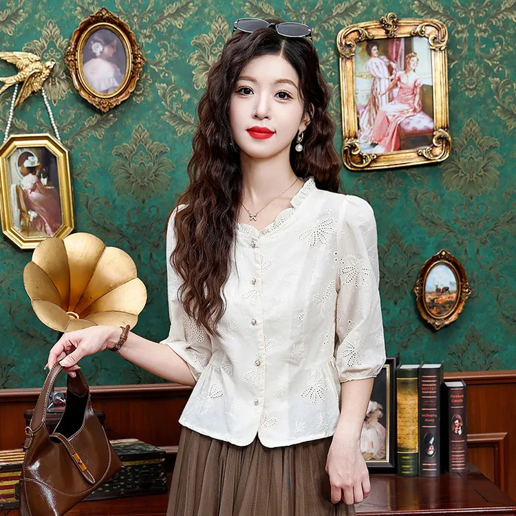 法式高级感镂空七分袖衬衫秋装2025新款早秋减龄收腰显瘦气质上衣