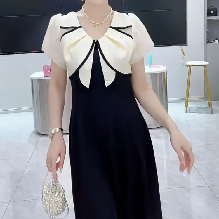 时尚法式连衣裙女2025年夏季新款气质显瘦设计感撞色拼接休闲裙子