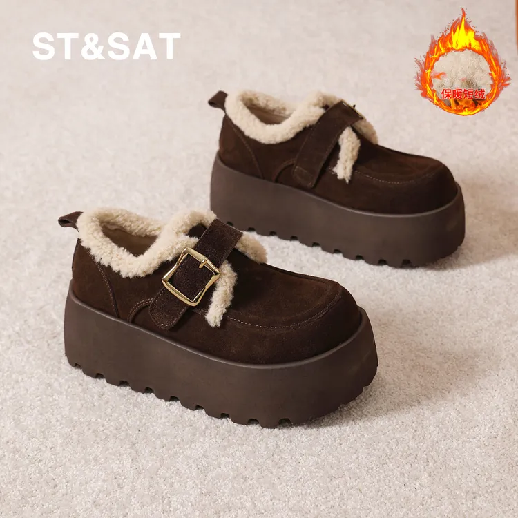 星期六女鞋旗舰店毛毛棉鞋增高厚底加绒乐福鞋冬季复古百搭勃肯鞋