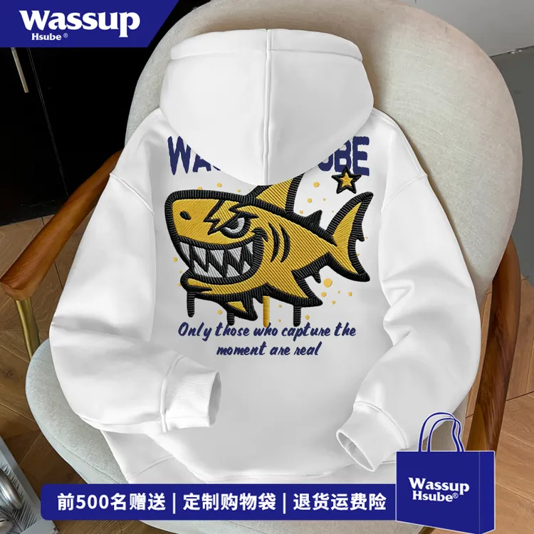 WASSUP HSUBE嘻哈风创意鲨鱼印花连帽卫衣秋冬季男女休闲宽松上衣