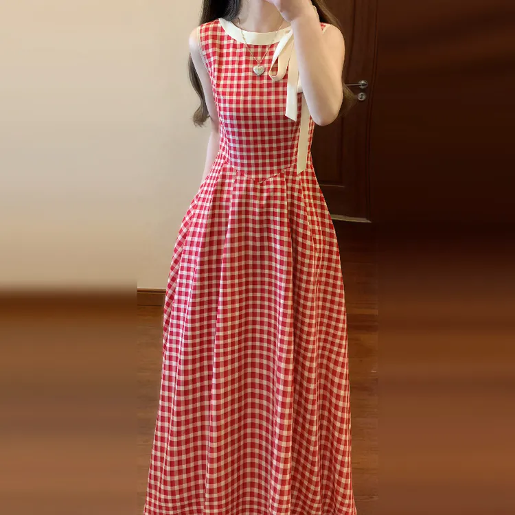 法式小众撞色格子系带蝴蝶结背心连衣裙夏季2025新款显瘦长裙2620