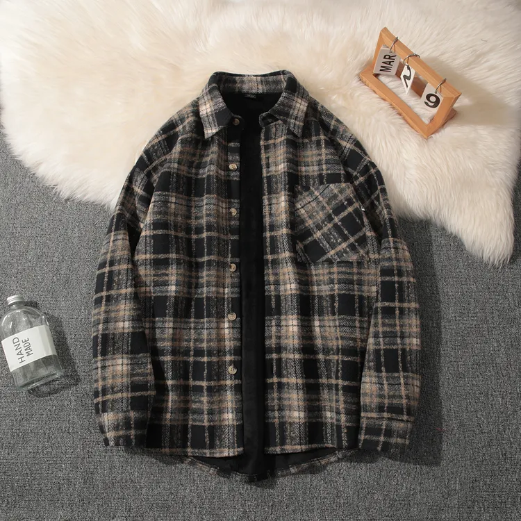 【秋冬加绒加厚】毛呢格纹长袖保暖男衬衫韩版休闲复古男生冬季外套
