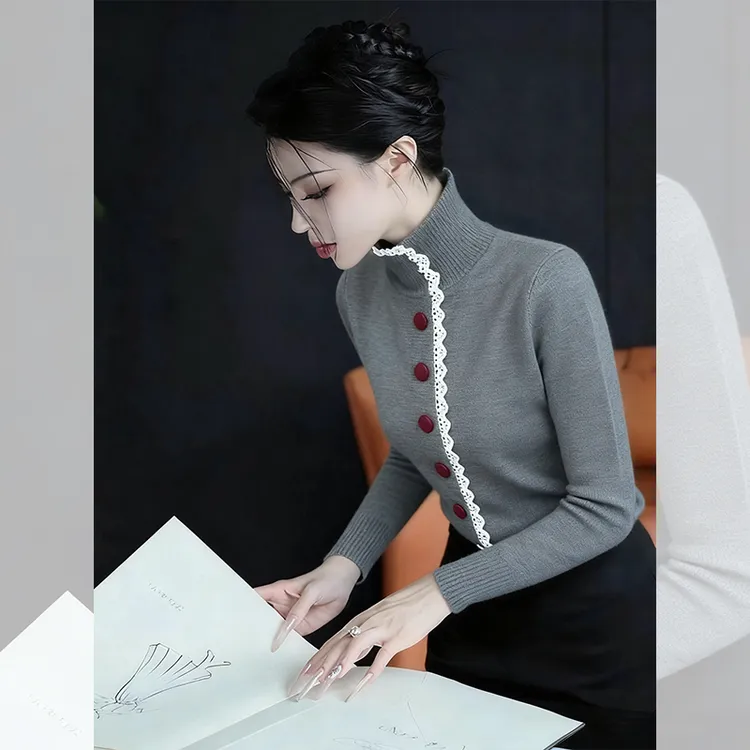 独特漂亮灰色蕾丝小衫内搭打底洋气高贵针织开衫高领上衣女装秋冬