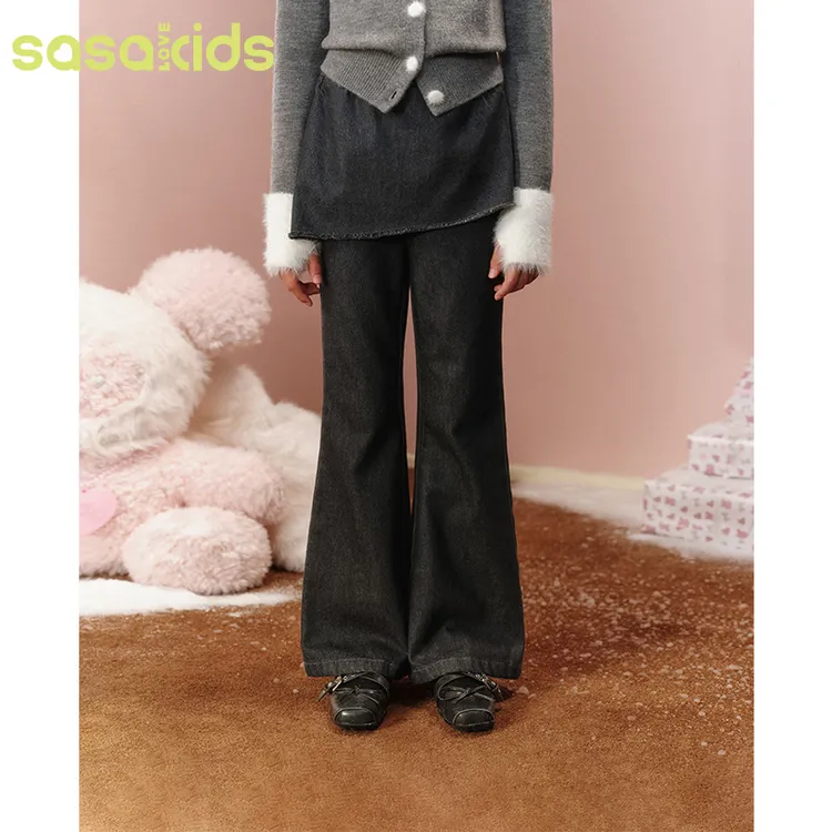 sasakids复古风假两件拼接微喇牛仔裤自带裙片层次感全棉高腰女童