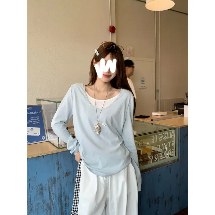 2025假两件拼接t恤女秋内搭韩系宽松休闲慵懒感上衣潮百搭打底衫