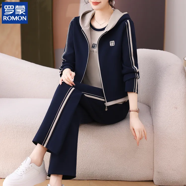 罗蒙名牌妈妈秋装假两件连帽两件套新款中老年女休闲秋季条纹套装