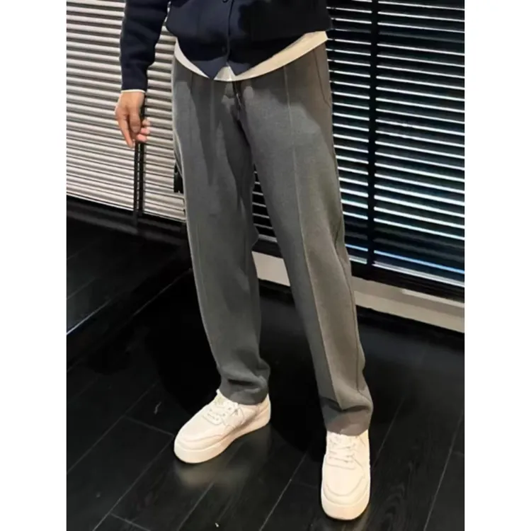 秋冬季男士新款轻奢时尚拼接线条加绒休闲裤潮牌宽松运动直筒裤子