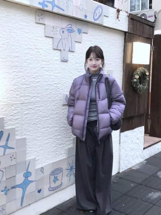 秋冬穿搭一整套韩系高级感紫色保暖面包服棉服外套休闲裤两件套女