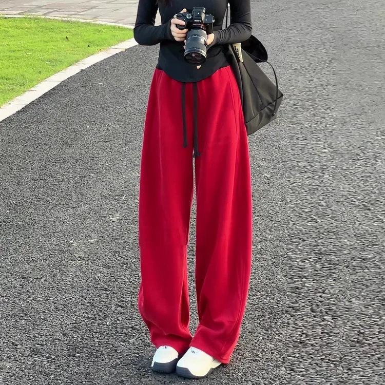 红色运动阔腿裤女秋季2025年新款高腰宽松显瘦香蕉裤裤直筒休闲裤