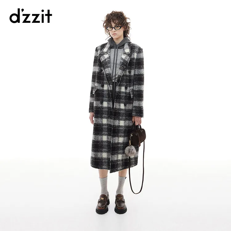 dzzit地素毛呢大衣秋冬雅丹格子绵羊毛混纺长款外套女3I4G311