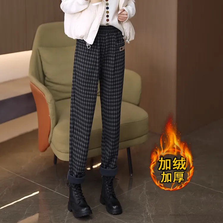 加绒毛呢哈伦裤加厚女高腰弹力休闲裤宽松大码直筒妈妈裤格子女裤