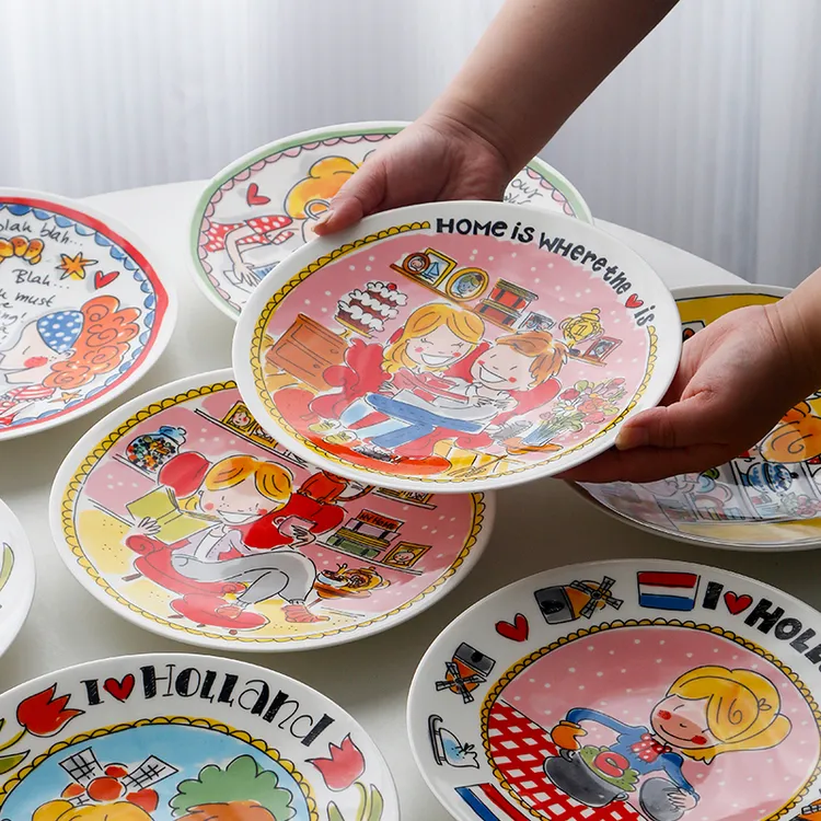 卡通9英寸斗笠盘家用陶瓷餐盘釉中彩炒菜盘创意西餐盘点心盘