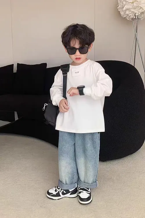韩系卡通印花刺秀纯棉撞色男女春秋休闲风童装中大童长袖百搭长袖