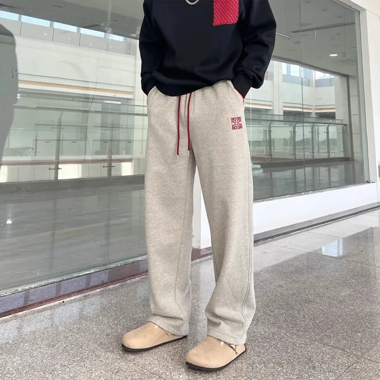 潮牌男士直筒卫裤简约宽松百搭休闲裤冬季新款轻奢时尚加绒阔腿裤