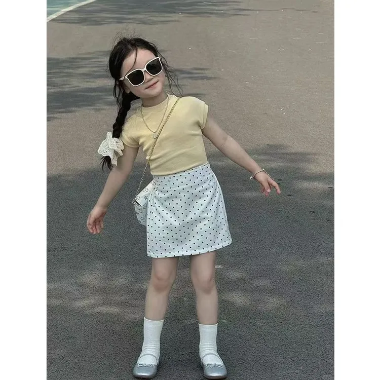 女童夏季新款短袖上衣小众波点半身裙可爱气质套装