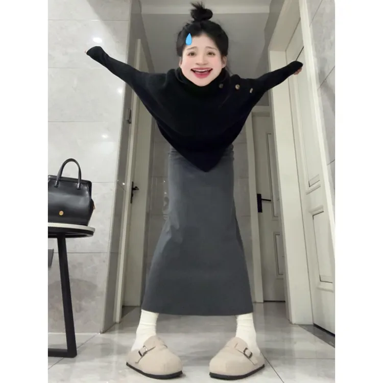 法式轻熟风穿搭一整套黑色高领不规则针织毛衣女秋季高腰包臀长裙