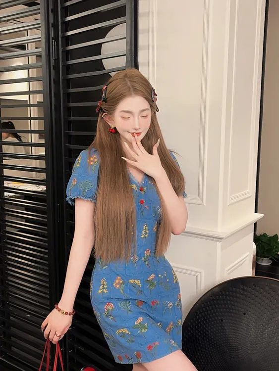 GUIDI GUDI【小樱桃】气质女人味复古连衣裙 /黄加蓝L9521287H