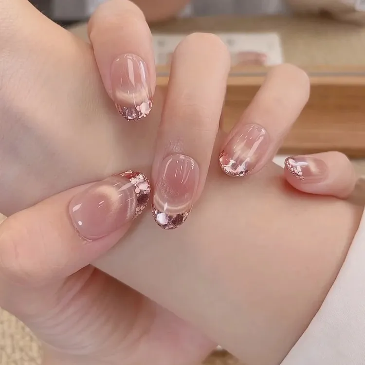 【流光】夏日新款法式手工穿戴甲短款裸色微笑猫眼美甲可拆指甲贴片