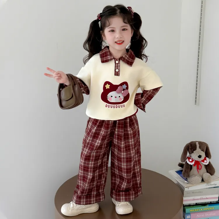 女小童韩版格子套装秋款女宝宝时髦卫衣春秋装小女孩洋气两件套潮