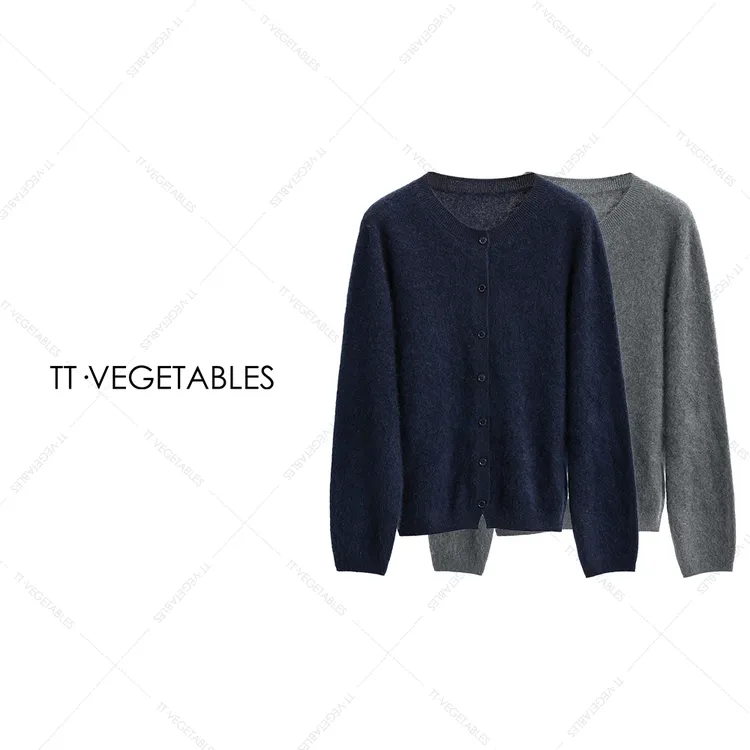 TT・VEGETABLES【序白】羊绒针织衫圆领开衫纯色羊毛衫上衣521362