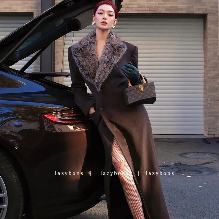 毛呢外套女秋冬复古高级感名媛气质重工毛领拼接修身显瘦长款大衣